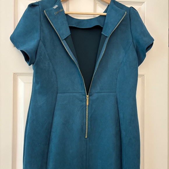 Calvin Klein Faux Suede Tulip Sleeve Sheath Dress - Teal Size 14 - Picture 8 of 10